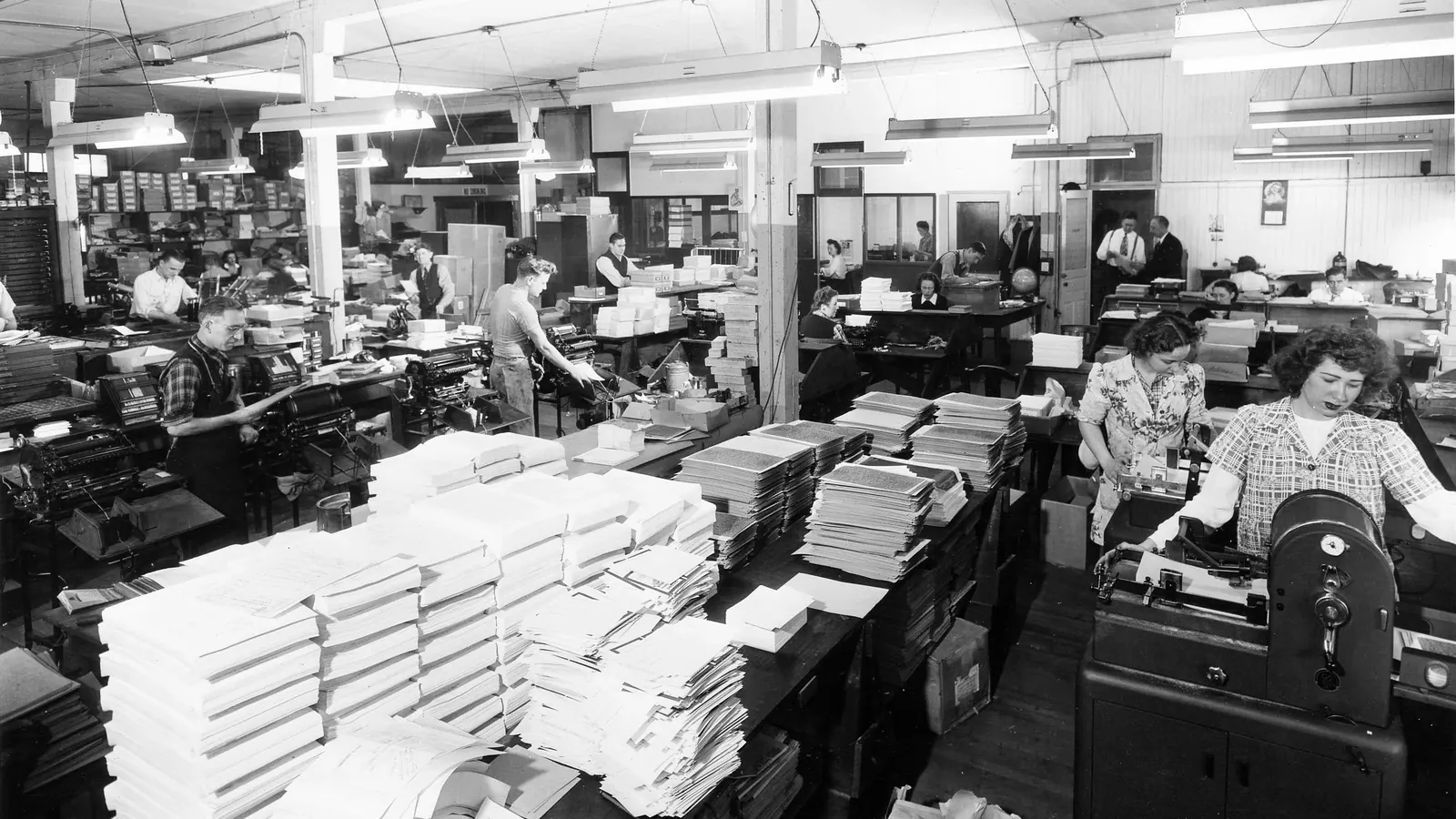 The press and bindery floor of United GMG's early Chicago shop on South Clark Street, from the company archive