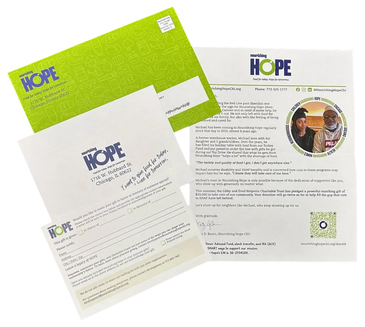 Nonprofit appeal package with letter, reply card, reply envelope and printed outer envelope
