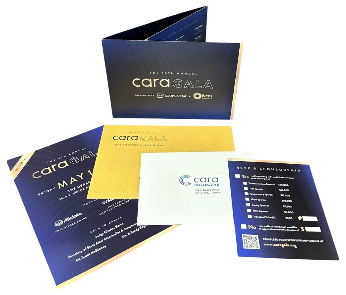 Gala invitation suite with foil-stamped folder, save-the-date card, reply card and envelope
